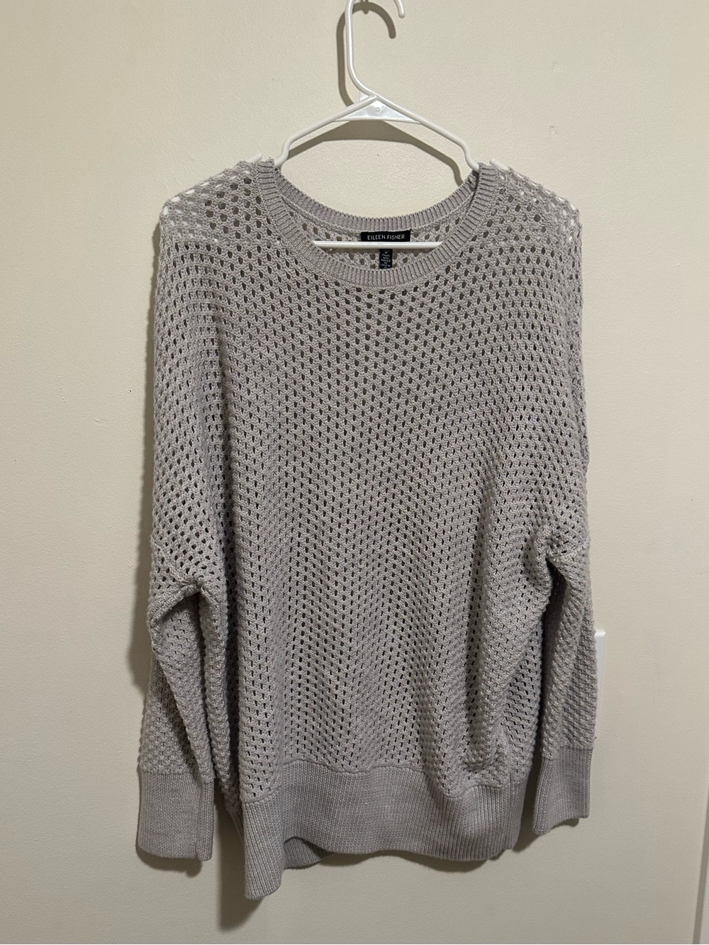 EILEEN FISHER Open-Weave Crewneck Sweater — Light Gray - size XL